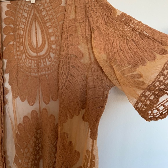 Tops - lace kimono, boho kimono, cover up, camel color